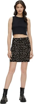 Black  Stretch Denim Short Skirt Silver Grey Print Pockets Belt Loops - Image 1 of 4
