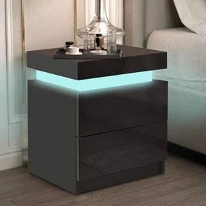 LED RGB Nightstand Bed Side Table Night Stand 2 High Gloss Drawers Bedroom Desk - Picture 1 of 11