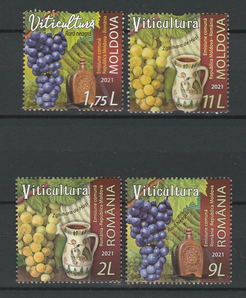 Moldova - Romania 2021 Grapes, Wine both issues 4 MNH stamps - Image 1 of 1