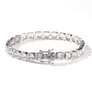 4mm Asscher Cut 14 TCW Moissanite Bezel Set 7" Bracelet 14K White Gold Plated - Picture 1 of 7
