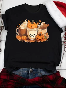 Women's Cute Pumpkin Print Casual Tee - Comfy Round Neck Short Sleeve T-Shirt - Picture 1 of 25