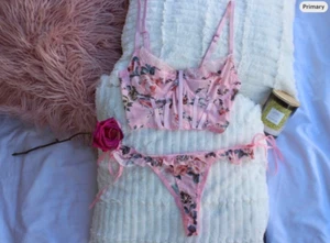 Pink Floral Bustier Corset Top and Ruffle Thong Panty Lingerie Set CUSTOM Sexy - Picture 1 of 6