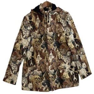 Vintage Tapestry Jacket Womens Large Allover Print Hooded Dog Lover St Bernard - Picture 1 of 16
