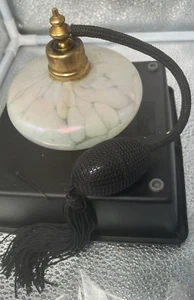 White Pink Opalescent Perfume Bottle Black Atomizer No Makers Marks Empty - Picture 1 of 5