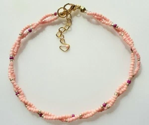 Double strand pink and gold stretch seed bead anklet ankle bracelet plus size - Picture 1 of 3