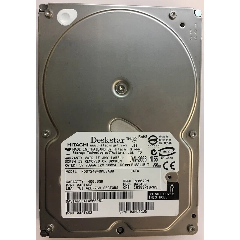 0A31463 - Hitachi 400GB 7200 RPM SATA 3.5" HDD - Image 1 of 1
