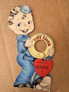 Vintage Valentine Card Mechanical Navy Boy Holding Life Saver Ring - Picture 1 of 3