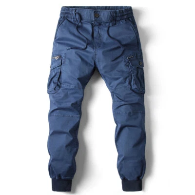 Mens Elasticated Waist Cargo Combat Work Trousers Joggers Pocket Cuffed Pants US - Image 1 of 4