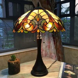 Tiffany Style Victorian 2 light Antique Bronze Table Lamp Brown Stained Glass - Picture 1 of 2