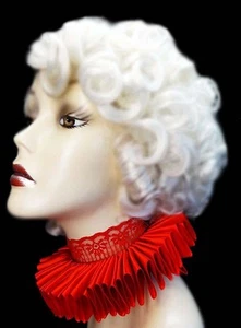 Red Satin Lace Elizabethan Neck Ruff Ruffled Collar Victorian Steampunk Queen - Picture 1 of 3