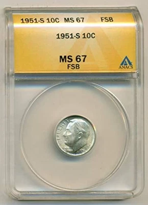Moneda de diez centavos S Roosevelt 1951 MS67 FB ANACS Foto 1 de 4