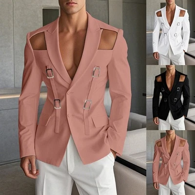 Men Casual Long Sleeved Blazers Solid Color Suit Coat with Hollow Button Design - Image 1 of 4