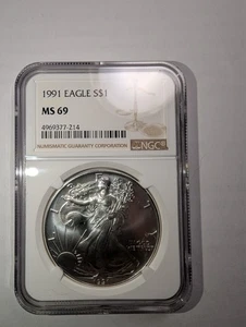 1991 Silver Eagle $1 Dollar, 1oz, NGC MS 69, White*** - Picture 1 of 5