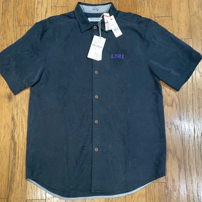 Camisa Hawaiana Tommy Bahama LSU Tigres Bordada Talla M Negra Floral Nueva con Etiquetas $148 Foto 1 de 4