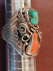 OLD Mens Native American Ring Sz 10 Navajo Turquoise Coral Sterling Heavy 25g - Picture 1 of 20