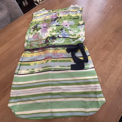 Vestido Ali Ro 100% Seda Mujer 6 Verde Azul Floral Rayas Cinturón Sin Mangas Forrado Foto 1 de 4