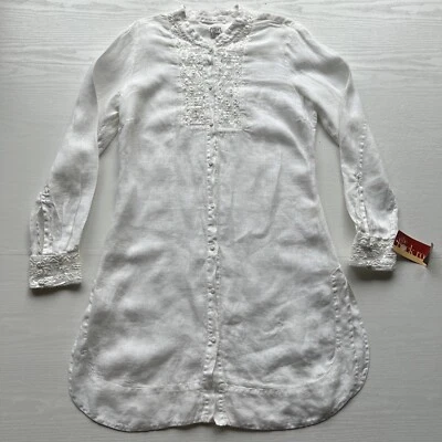 Vestido Camisa 120 LINO Adornado Lino Para Mujer 6 Bandas Cuello Manga Larga Nuevo Foto 1 de 4