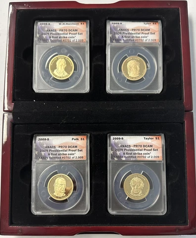 Set Of 4 2009-S Presidential Proof Dollar ANACS PR70 DCAM W/Nice Mahogany Box Cover