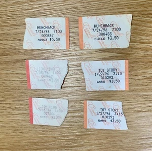 Lot 6- Disney Movie Ticket Lion King Toy Story Hunchback of Norte Dame 1994 1996 - Picture 1 of 1