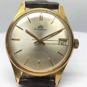 Reloj de pulsera de viento manual Bucherer para hombre fecha de funcionamiento chapado en oro acero inoxidable - Imagen 1 de 6