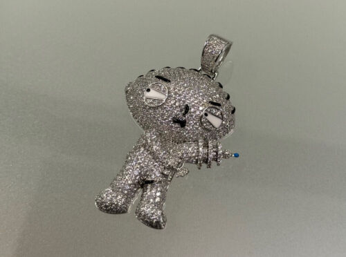 925 Sterling Silver Icy CZ Diamond 3D Griffin Family Guy Stewie Necklace Pendant
