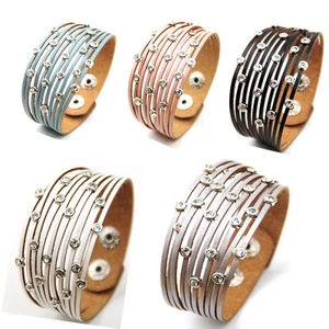 Real Leather Single Wrap Split Bracelet with Crystals, Adjustable Size, Gift - Picture 1 of 8
