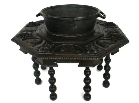 Antique  table Wood Iron Kettle Leather English Style Bobbin Legs Unique WOW Cover