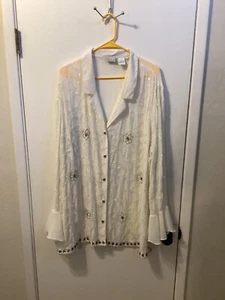 Women "Spiegel" white, beaded,bell sleeves sheer, snap up blouse Size 3X - Picture 1 of 2