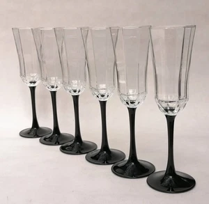 Vintage Luminarc Octime Champagne Flutes x6 Black Stem Glasses France - Picture 1 of 8