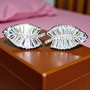 2.20Ct Round Real Moissanite Women's Leaf Stud Earrings 14K White Gold Plated - Picture 1 of 6