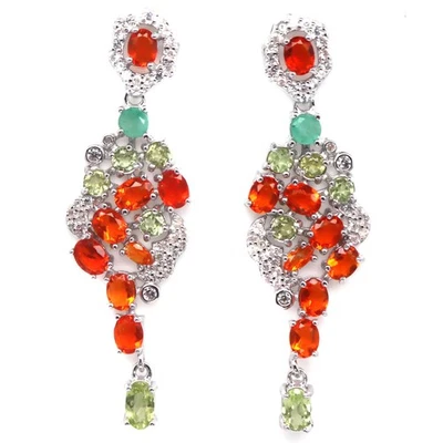 Pendientes de plata de ley 925 con ópalo de fuego naranja, peridoto verde y circón blanco Foto 1 de 4