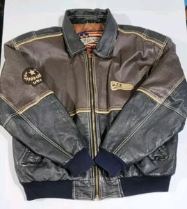 Vtg Michael Hoban USA Authentic Brown Leather Bomber Jacket Men Large Patches - Picture 1 of 19