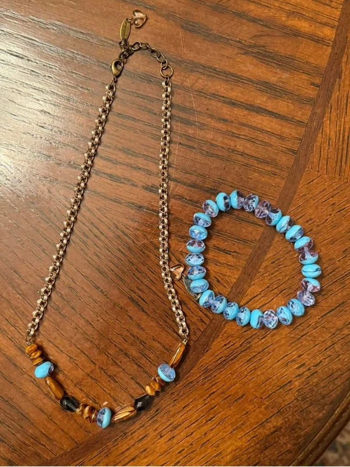Hermoso collar de cuentas Sabika azul marrón con pulsera a juego  Foto 1 de 1
