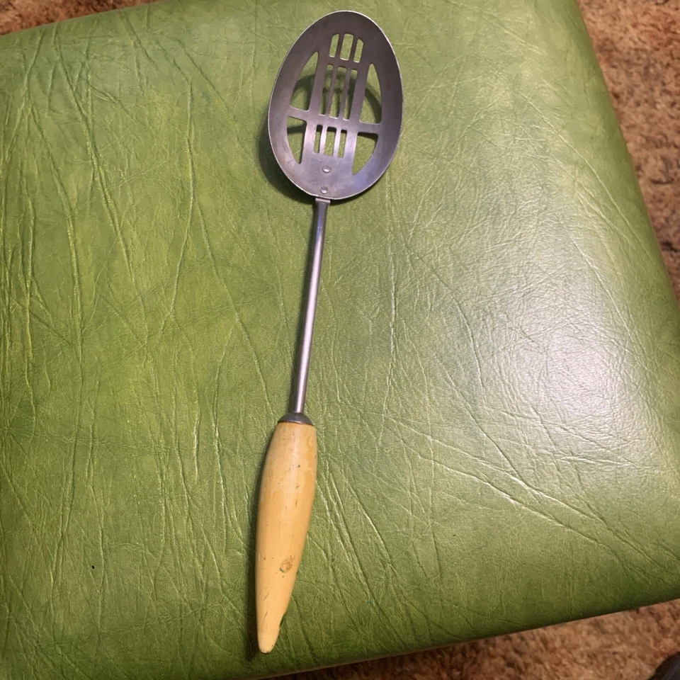 Vintage Early ECKO A & J Slotted Strainer Mixing Spoon Wooden Mustard Yellow - Image 1 of 4