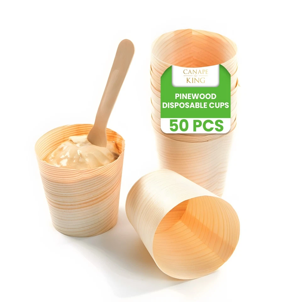 Disposable Wooden Serving Cups Pinewood Dessert Food Snacks Party Bowls 50-1000x - Image 1 of 1