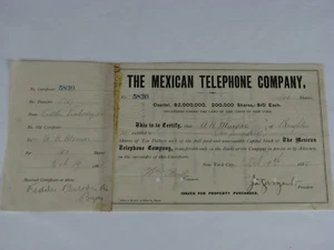 Antique 1885 Stock Certificate The Mexican Telephone Company 100 Shares Punched - Picture 1 of 8