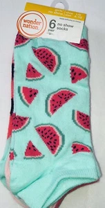 Wonder Nation Girls No Show Socks 6 pair Size 4-10 Watermelon Summer Colors - Picture 1 of 2