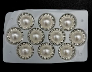 10pcs White Pearl Rhinestone Round Flat Back Button - Silver - 20mm - Picture 1 of 4