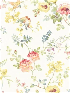 Wallpaper Floral Vine Birds Red Yellow Blue Green on Shiny Cream ,60 sq ft bolt - Picture 1 of 2