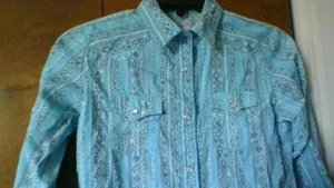 AWESOME Panhandle Slim cowgirls L Blue Paisley Long Slv Western Pearl Snap Shirt - Picture 1 of 18