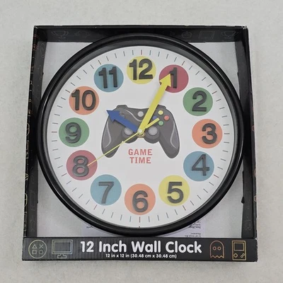 New Video Gamers Wall Clock Analog 12" Round Black Colorful Game Time Man Cave - Image 1 of 4
