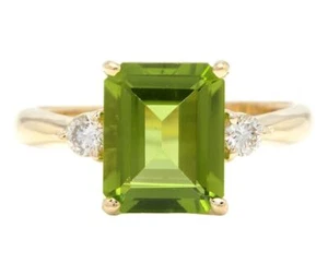 3.28 Ct Peridot & Natural Diamond Prong Ring 14K Solid Yellow Gold - Picture 1 of 4
