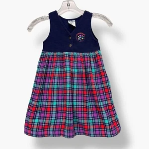 Vintage Oshkosh Girls Dress Plaid Flannel Size 4T Blue Embroidered Jumper USA - Picture 1 of 12