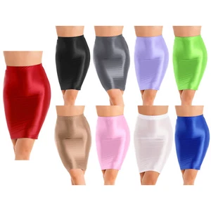 AU Women's Oil Glossy High Waist Skirts Solid Color Stretchy Package Hip Skirts - Picture 1 of 77