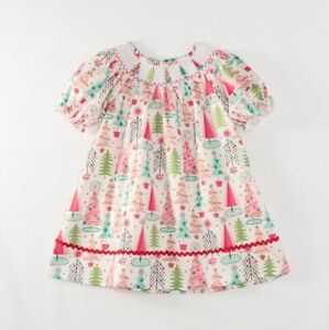 NEW Boutique Christmas Tree Girls Smocked Embroidered Dress