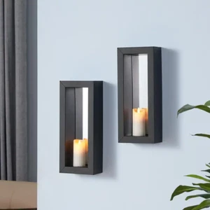Pillar Wall Candle Sconces With Mirror Metal Frame In Black (Set of 2) - Picture 1 of 12