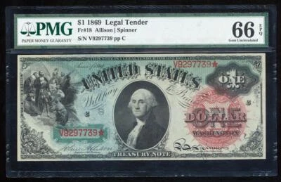 FR.18 1869 $1 MONEDA DE CURSO LEGAL PMG66 EPQ GEMA SIN CIRCULAR "BILLETE ARCO IRIS" Foto 1 de 2