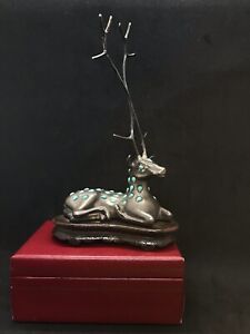 Antique Sterling Solid Silver Scandinavian Horns Deer Figure Turquoise Ring Tree
