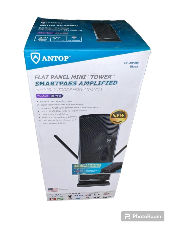 Антенна телевизионная высокой четкости Antop плоская панель мини башня усиленная внутренняя наружная RV 4K AT-405BV - Изображение 1 из 1