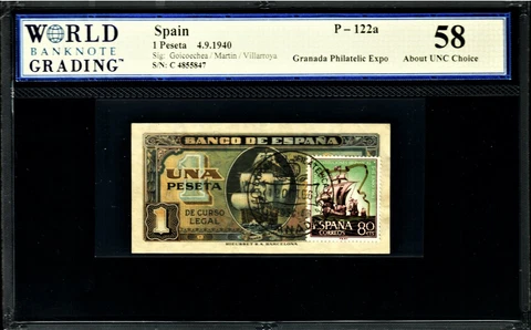 SPAIN 1940 1 PESETA ☆ SANTA MARIA ☆ P-122A  ☆ WBC-A/UNC 58 ☆ VERY RARE ☆ Cover